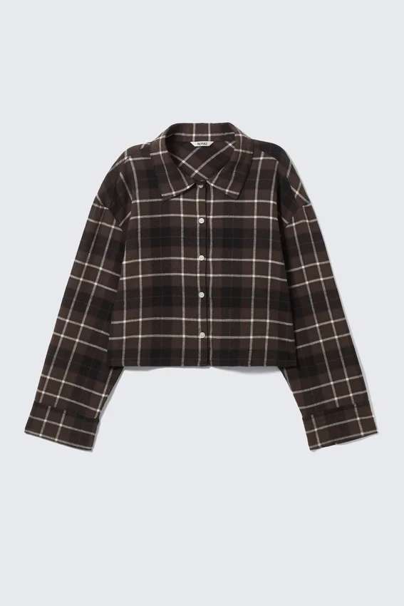 Cropped Checked Flannel Shirt – Checked Brown Cropped Checked Flannel Shirt – Checked Brown