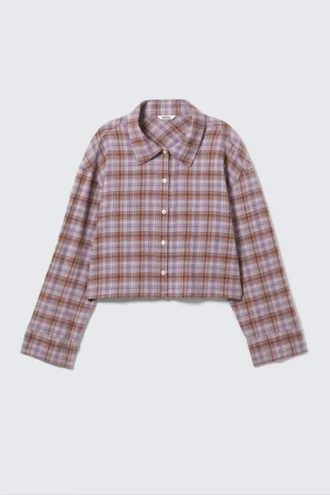 Cropped Checked Flannel Shirt – Purple Check