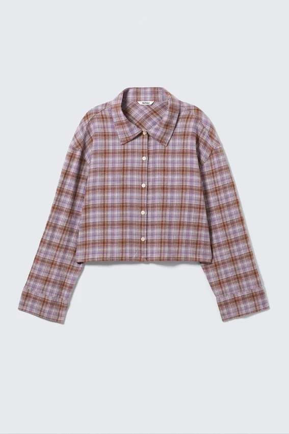 Cropped Checked Flannel Shirt – Purple Check Cropped Checked Flannel Shirt – Purple Check