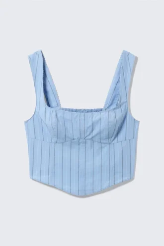 Cropped Cotton Poplin Corset Top – Striped Light Blue