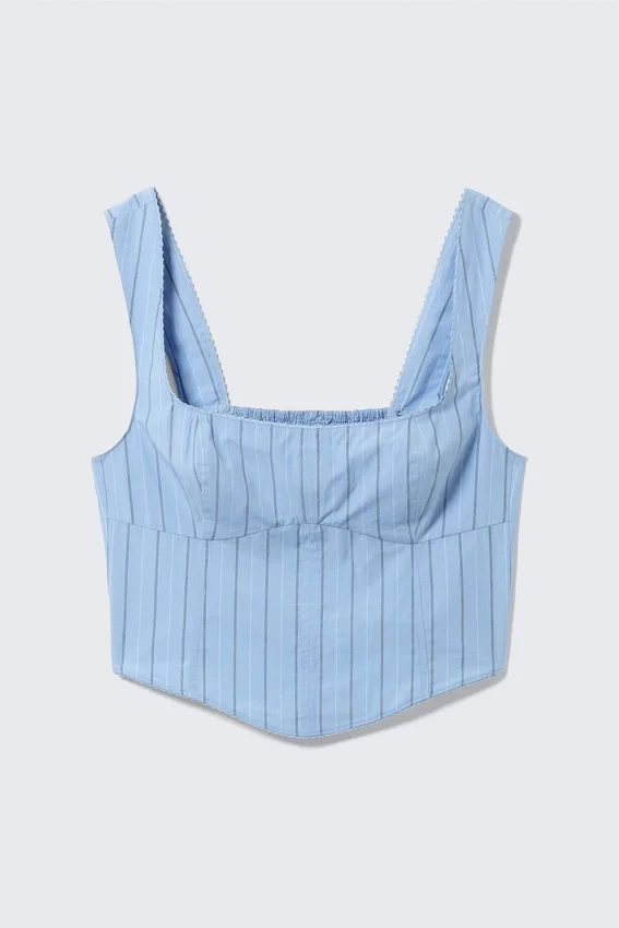Cropped Cotton Poplin Corset Top – Striped Light Blue Cropped Cotton Poplin Corset Top – Striped Light Blue