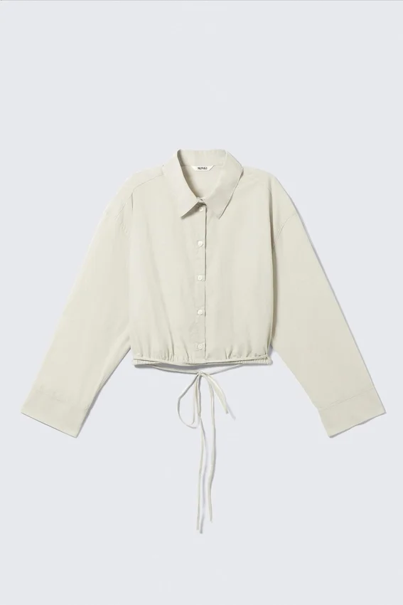 Cropped Cotton Poplin Drawstring Night-Shirt – Light Green Cropped Cotton Poplin Drawstring Night-Shirt – Light Green