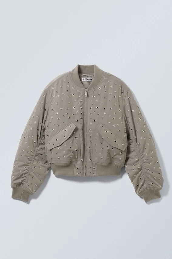 Cropped Eyelet Bomber Jacket – Dusty Mole Cropped Eyelet Bomber Jacket – Dusty Mole
