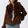 Cropped Faux Fur Trim Jacket – Dark Brown Cropped Faux Fur Trim Jacket – Dark Brown