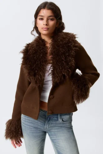 Cropped Faux Fur Trim Jacket – Dark Brown