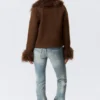 Cropped Faux Fur Trim Jacket – Dark Brown Cropped Faux Fur Trim Jacket – Dark Brown