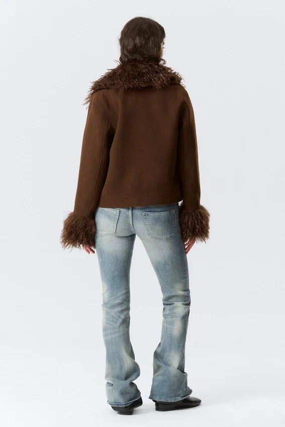 Cropped Faux Fur Trim Jacket – Dark Brown Cropped Faux Fur Trim Jacket – Dark Brown