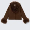 Cropped Faux Fur Trim Jacket – Dark Brown Cropped Faux Fur Trim Jacket – Dark Brown