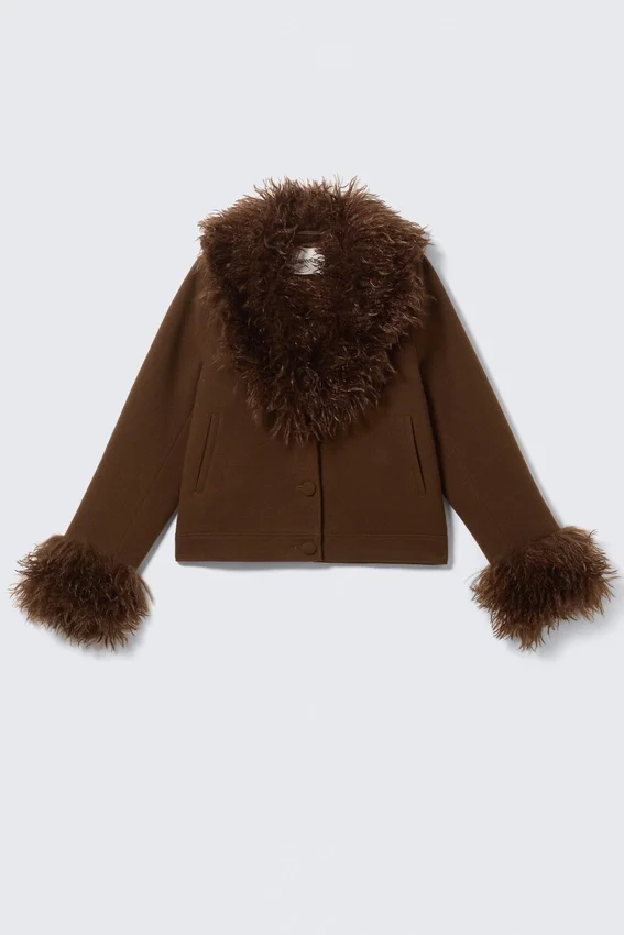 Cropped Faux Fur Trim Jacket – Dark Brown Cropped Faux Fur Trim Jacket – Dark Brown