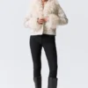 Cropped Faux Fur Trim Jacket – Dusty White – Black Dots Cropped Faux Fur Trim Jacket – Dusty White – Black Dots