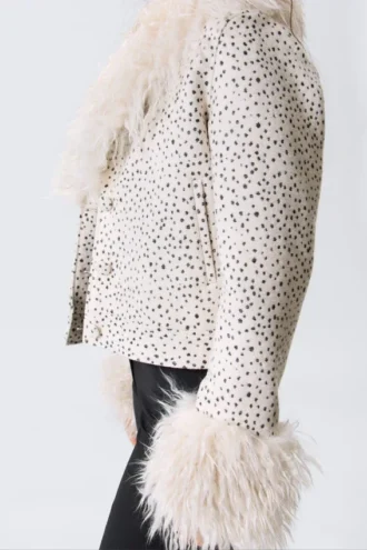 Cropped Faux Fur Trim Jacket – Dusty White – Black Dots