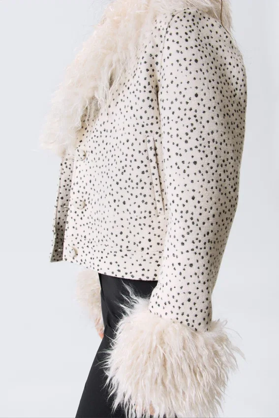 Cropped Faux Fur Trim Jacket – Dusty White – Black Dots Cropped Faux Fur Trim Jacket – Dusty White – Black Dots