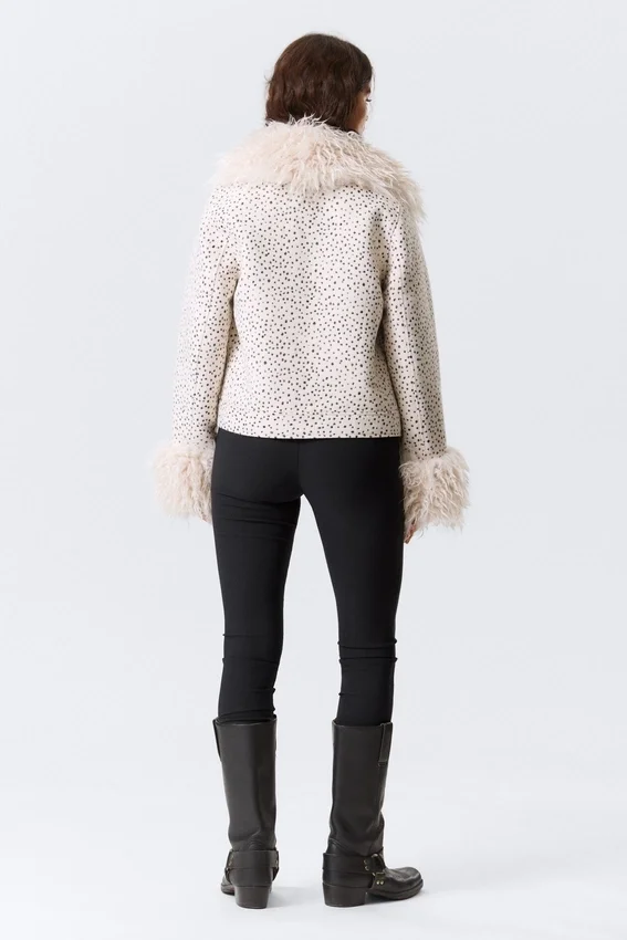 Cropped Faux Fur Trim Jacket – Dusty White – Black Dots Cropped Faux Fur Trim Jacket – Dusty White – Black Dots