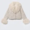 Cropped Faux Fur Trim Jacket – Dusty White – Black Dots Cropped Faux Fur Trim Jacket – Dusty White – Black Dots