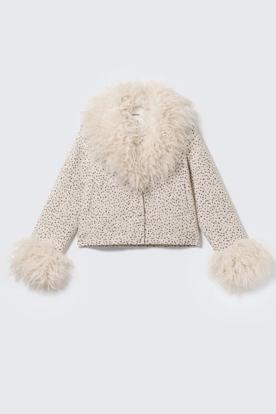 Cropped Faux Fur Trim Jacket – Dusty White – Black Dots Cropped Faux Fur Trim Jacket – Dusty White – Black Dots