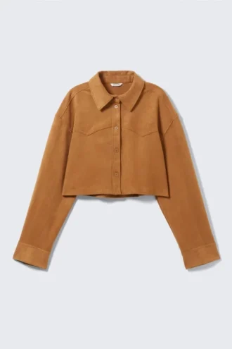 Cropped Faux Suede Western Shirt – Brown