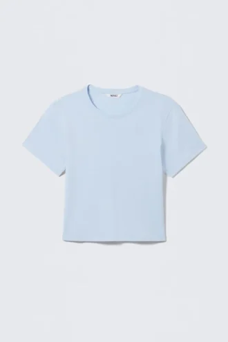 Cropped Fitted Cotton T-Shirt – Light Blue