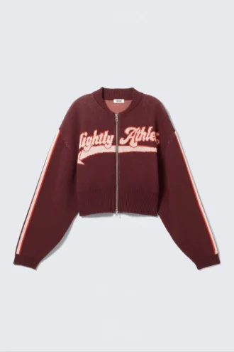 Cropped Jacquard Zip Cardigan – Dark Red – Slightly Athletic
