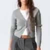 Cropped Knitted V-Neck Cardigan – Grey Melange Cropped Knitted V-Neck Cardigan – Grey Melange