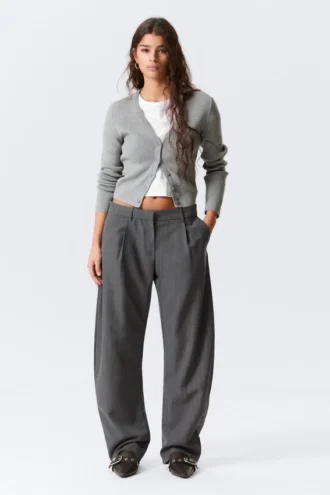 Cropped Knitted V-Neck Cardigan – Grey Melange