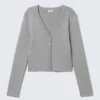Cropped Knitted V-Neck Cardigan – Grey Melange Cropped Knitted V-Neck Cardigan – Grey Melange