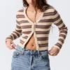 Cropped Knitted V-Neck Cardigan – Striped Brown Cropped Knitted V-Neck Cardigan – Striped Brown
