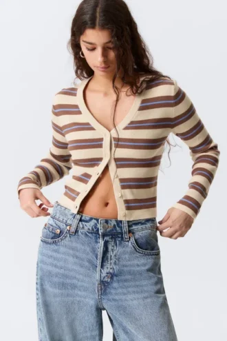 Cropped Knitted V-Neck Cardigan – Striped Brown