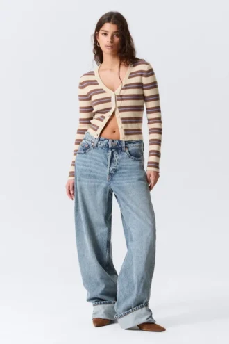 Cropped Knitted V-Neck Cardigan – Striped Brown