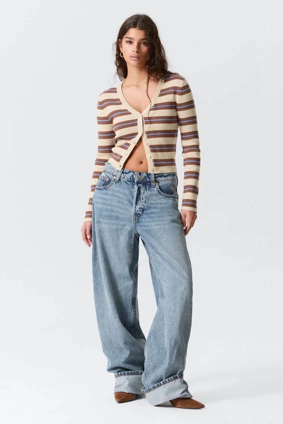 Cropped Knitted V-Neck Cardigan – Striped Brown Cropped Knitted V-Neck Cardigan – Striped Brown