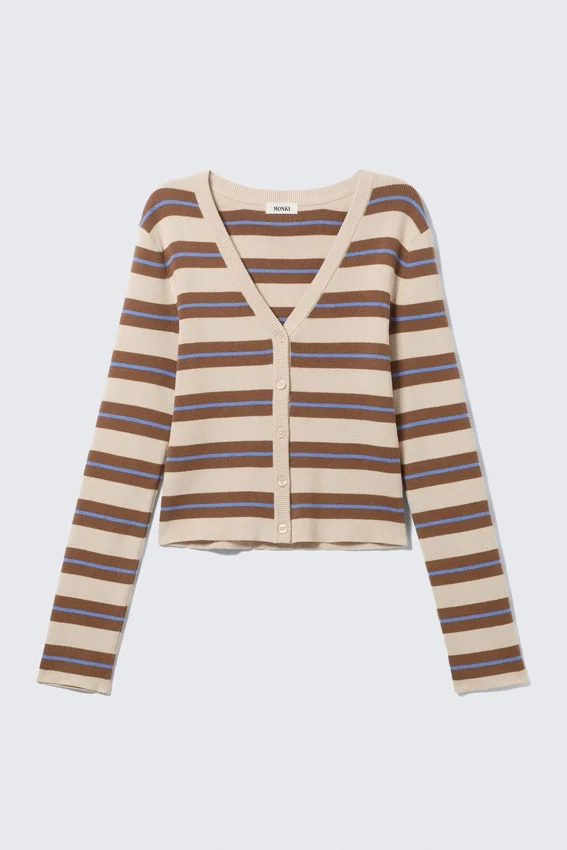 Cropped Knitted V-Neck Cardigan – Striped Brown Cropped Knitted V-Neck Cardigan – Striped Brown