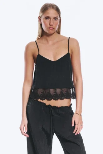 Cropped Lace‑Trim Camisole – Black