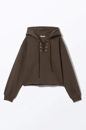 Cropped Lace-Up Hoodie – Dark Brown