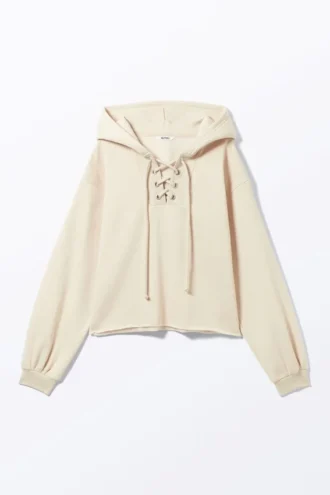 Cropped Lace-Up Hoodie – Light Beige