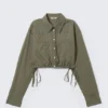 Cropped Loose Cargo Shirt – Checked Dark Khaki Green Cropped Loose Cargo Shirt – Checked Dark Khaki Green