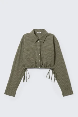 Cropped Loose Cargo Shirt – Checked Dark Khaki Green