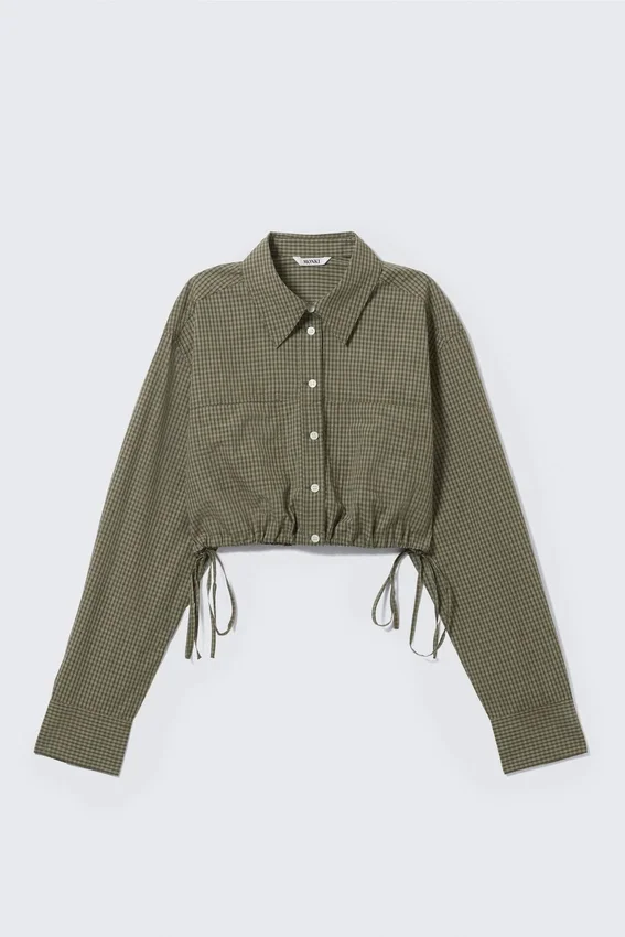 Cropped Loose Cargo Shirt – Checked Dark Khaki Green Cropped Loose Cargo Shirt – Checked Dark Khaki Green