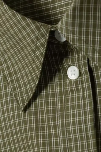 Cropped Loose Cargo Shirt – Checked Dark Khaki Green