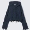 Cropped Pointelle Knit Zip Hoodie – Dark Blue Cropped Pointelle Knit Zip Hoodie – Dark Blue