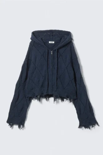 Cropped Pointelle Knit Zip Hoodie – Dark Blue