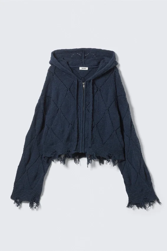Cropped Pointelle Knit Zip Hoodie – Dark Blue Cropped Pointelle Knit Zip Hoodie – Dark Blue