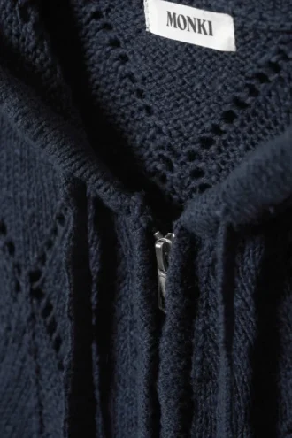 Cropped Pointelle Knit Zip Hoodie – Dark Blue