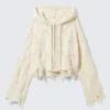 Cropped Pointelle Knit Zip Hoodie – Off-White Cropped Pointelle Knit Zip Hoodie – Off-White