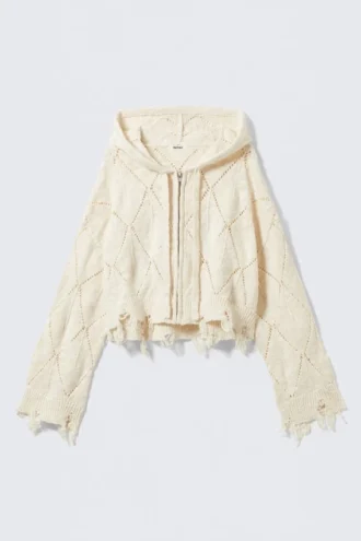 Cropped Pointelle Knit Zip Hoodie – Off-White Cropped Pointelle Knit Zip Hoodie – Off-White