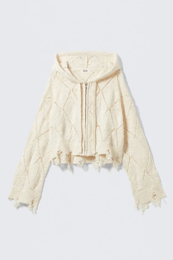 Cropped Pointelle Knit Zip Hoodie – Off-White Cropped Pointelle Knit Zip Hoodie – Off-White