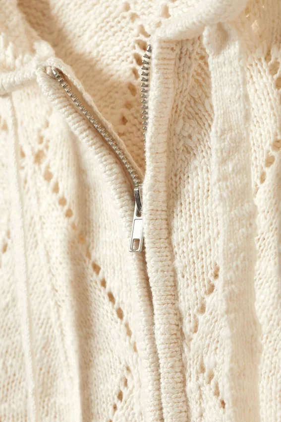 Cropped Pointelle Knit Zip Hoodie – Off-White Cropped Pointelle Knit Zip Hoodie – Off-White