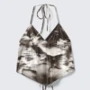 Cropped Printed Halterneck Top – Brown – Abstract Floral Cropped Printed Halterneck Top – Brown – Abstract Floral