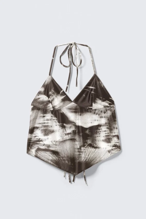 Cropped Printed Halterneck Top – Brown – Abstract Floral Cropped Printed Halterneck Top – Brown – Abstract Floral