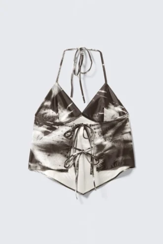 Cropped Printed Halterneck Top – Brown – Abstract Floral