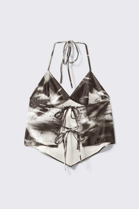 Cropped Printed Halterneck Top – Brown – Abstract Floral Cropped Printed Halterneck Top – Brown – Abstract Floral