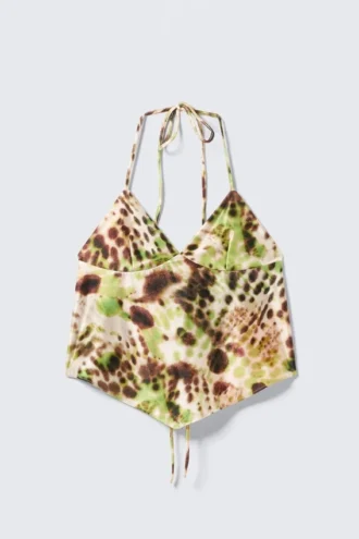 Cropped Printed Halterneck Top – Brown & Green Floral Dots